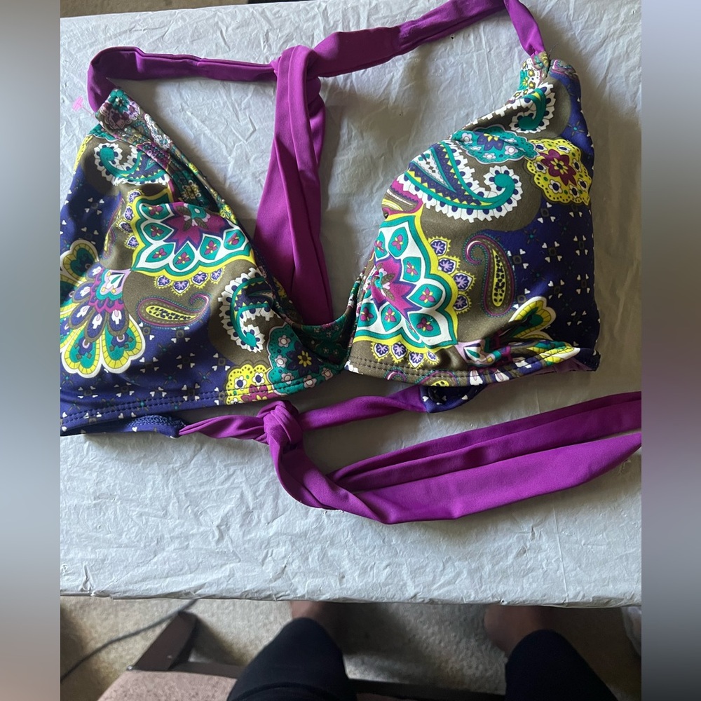 Athleta women one size purple floral tie bikini top with removable pads D cup